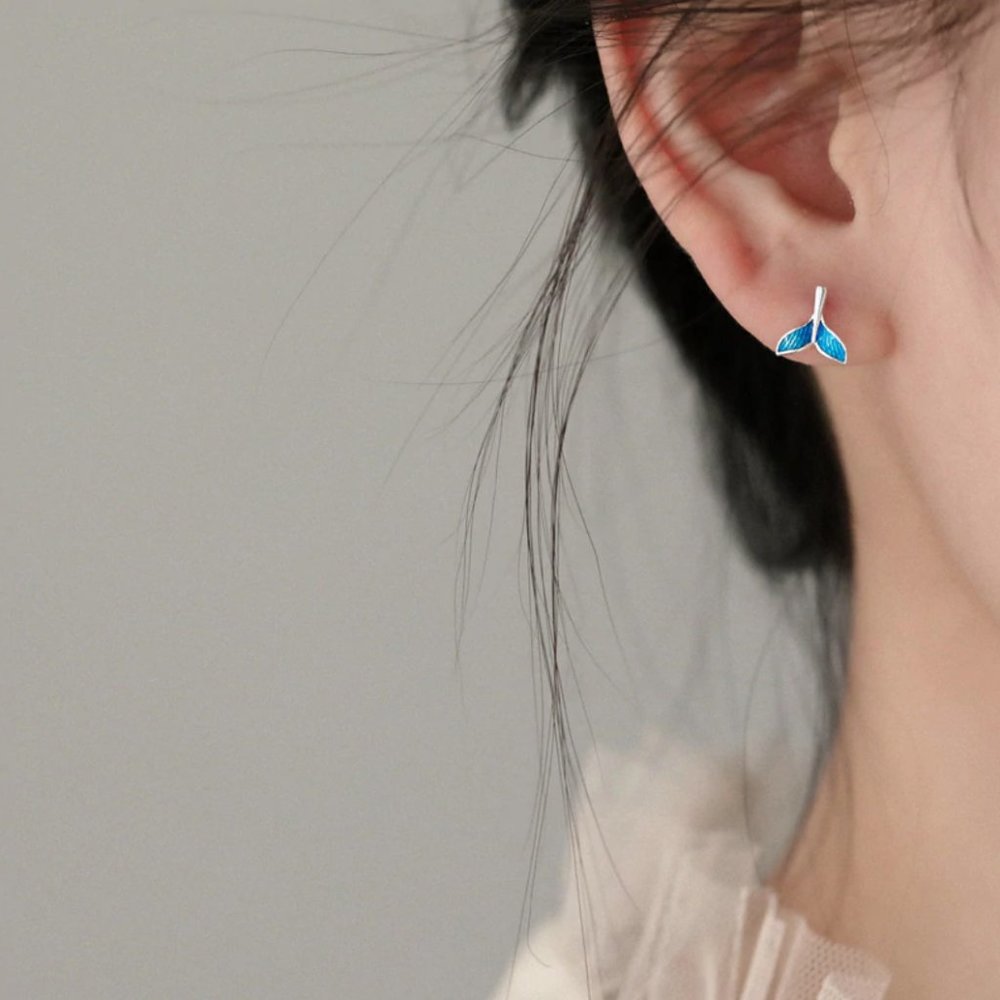 925 Sterling Mermaid Tail Cute Blue Stud Earrings